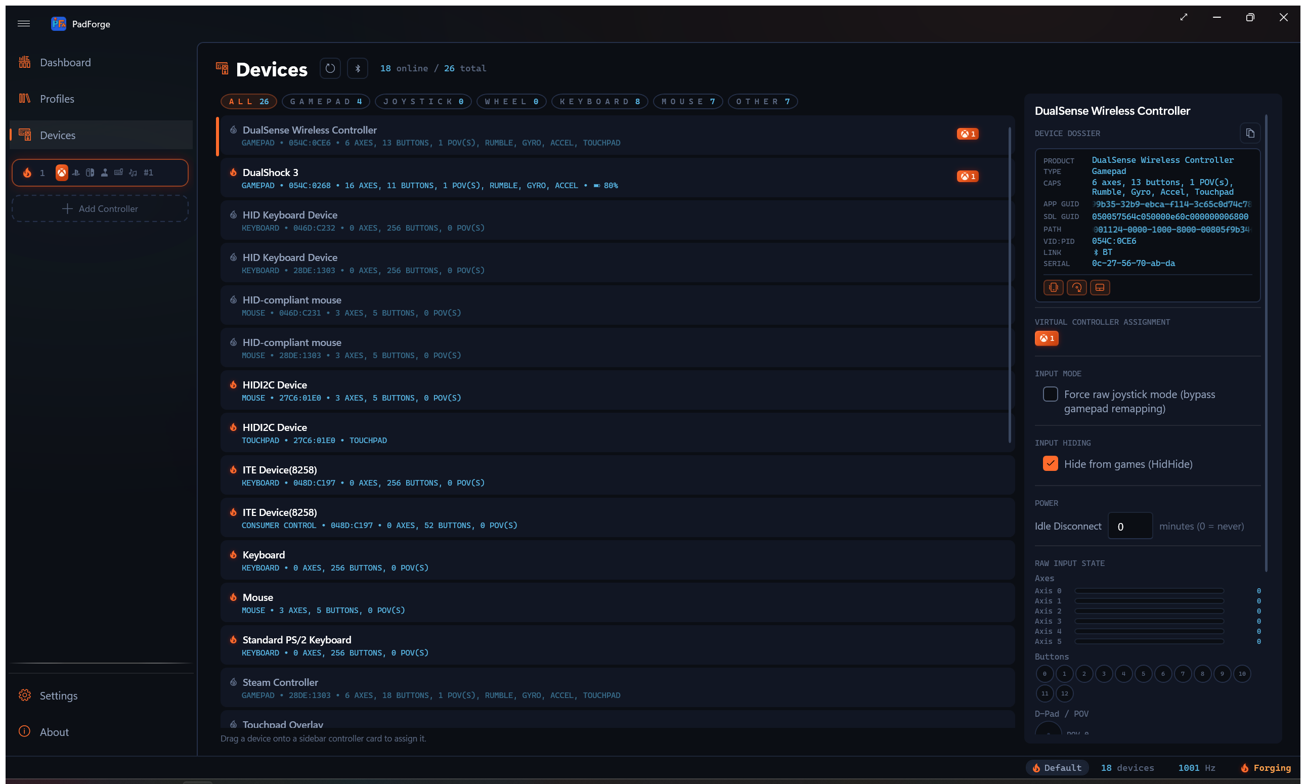 Devices page showing detected controllers with status and slot badges